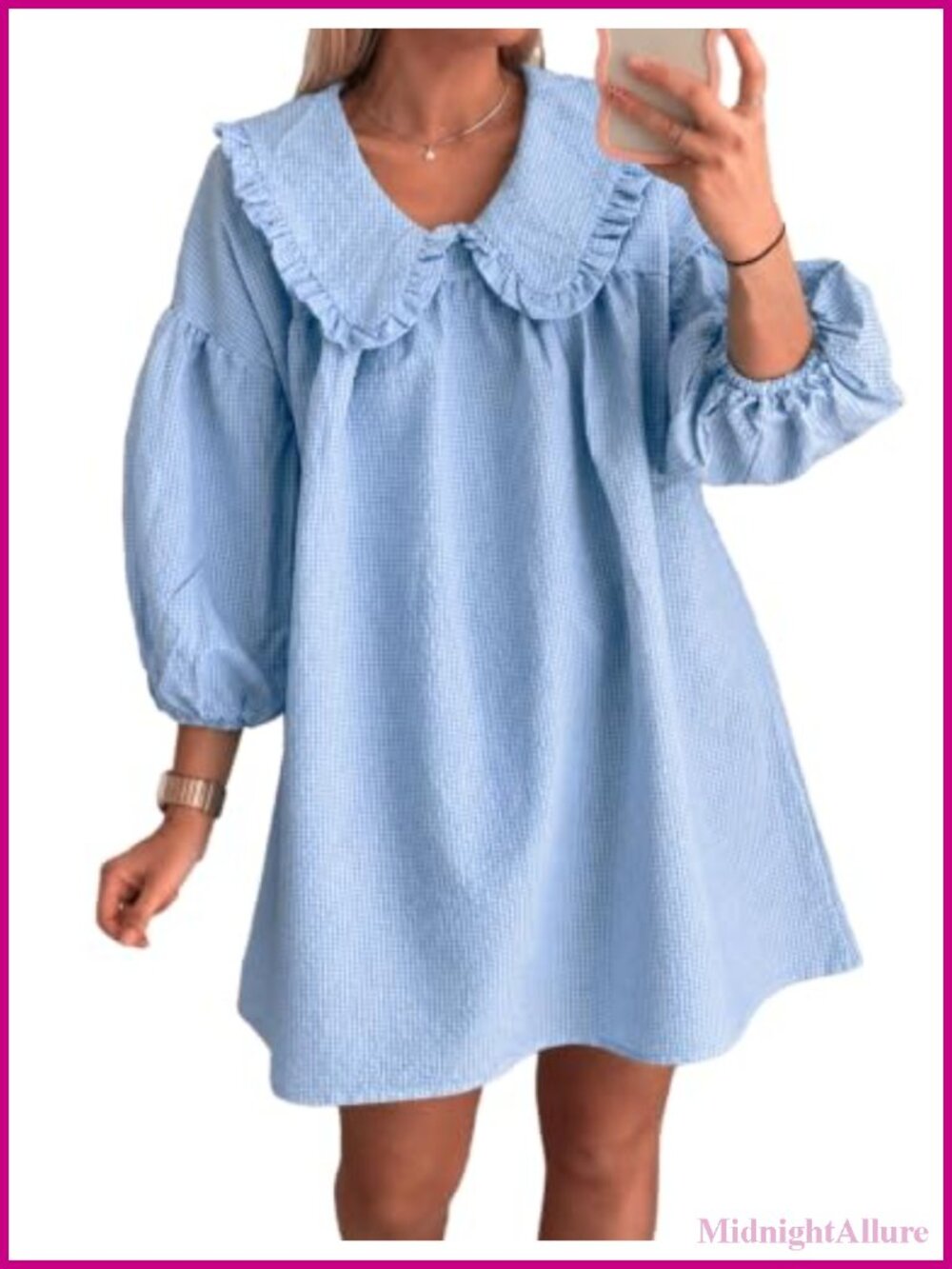 Babydoll Mini Dress 3/4 Puff Sleeve Cotton Blend Loose Fit Boho